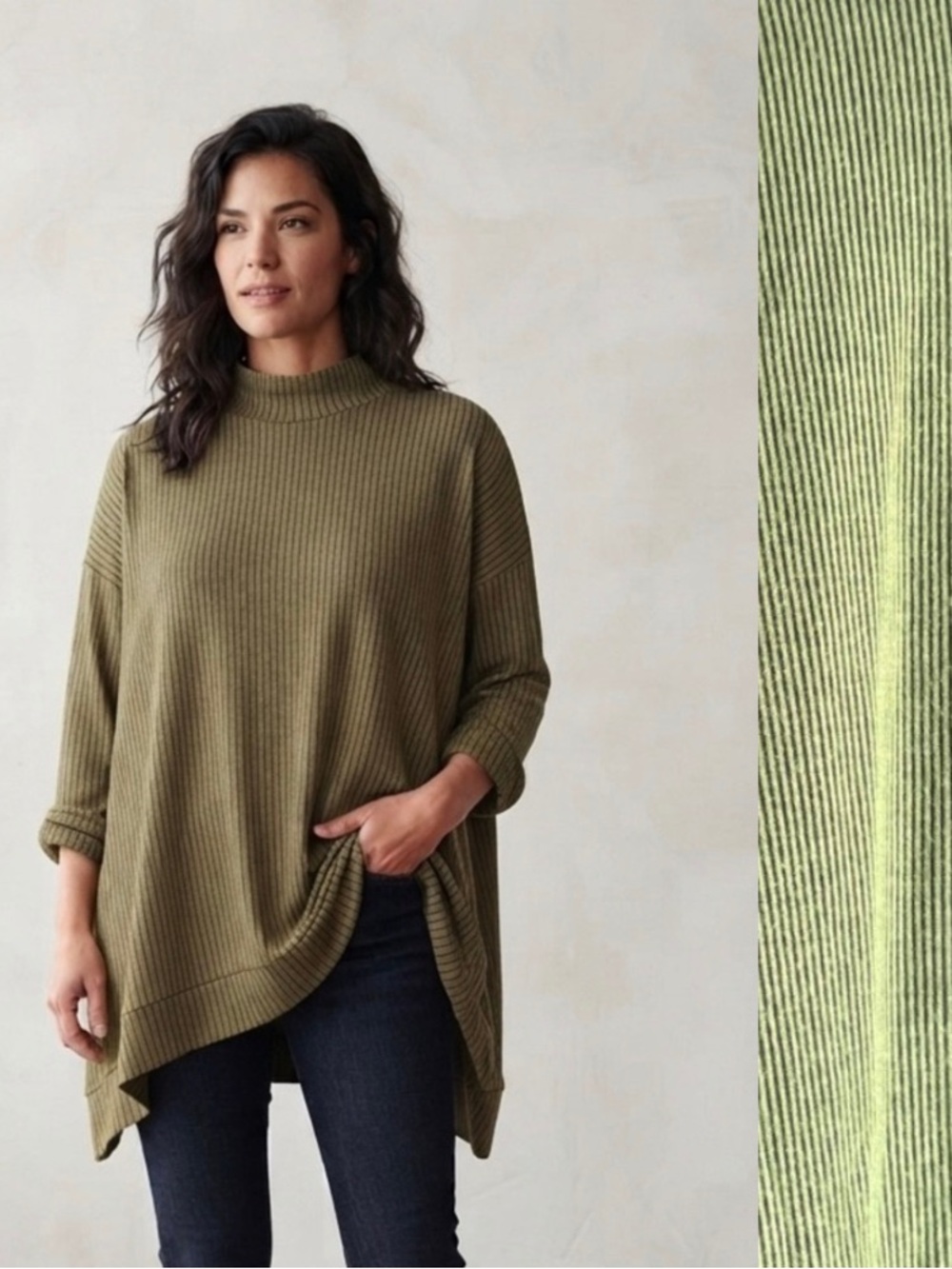 Alembika Sz L Lagenlook Green Pin Strip Tunic Top